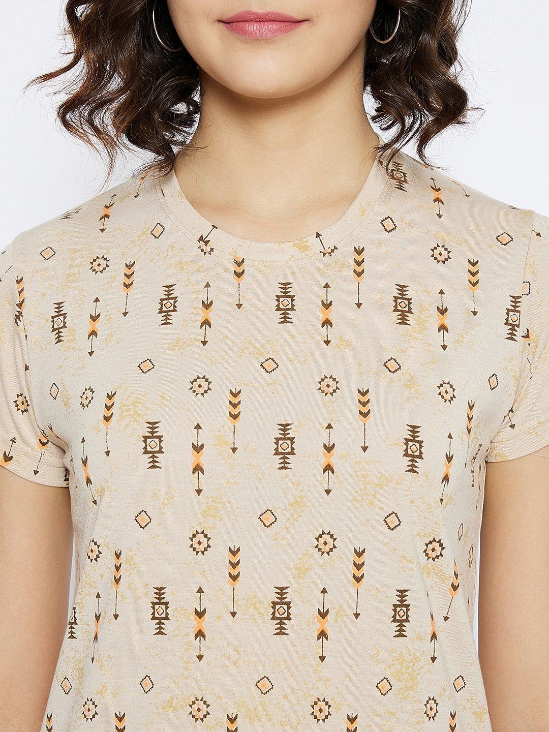 Beige Printed Round Neck T-shirt - Women T-Shirts