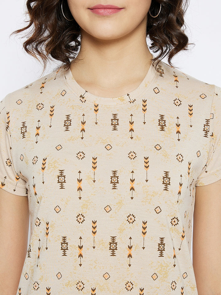 Beige Printed Round Neck T-shirt - Women T-Shirts