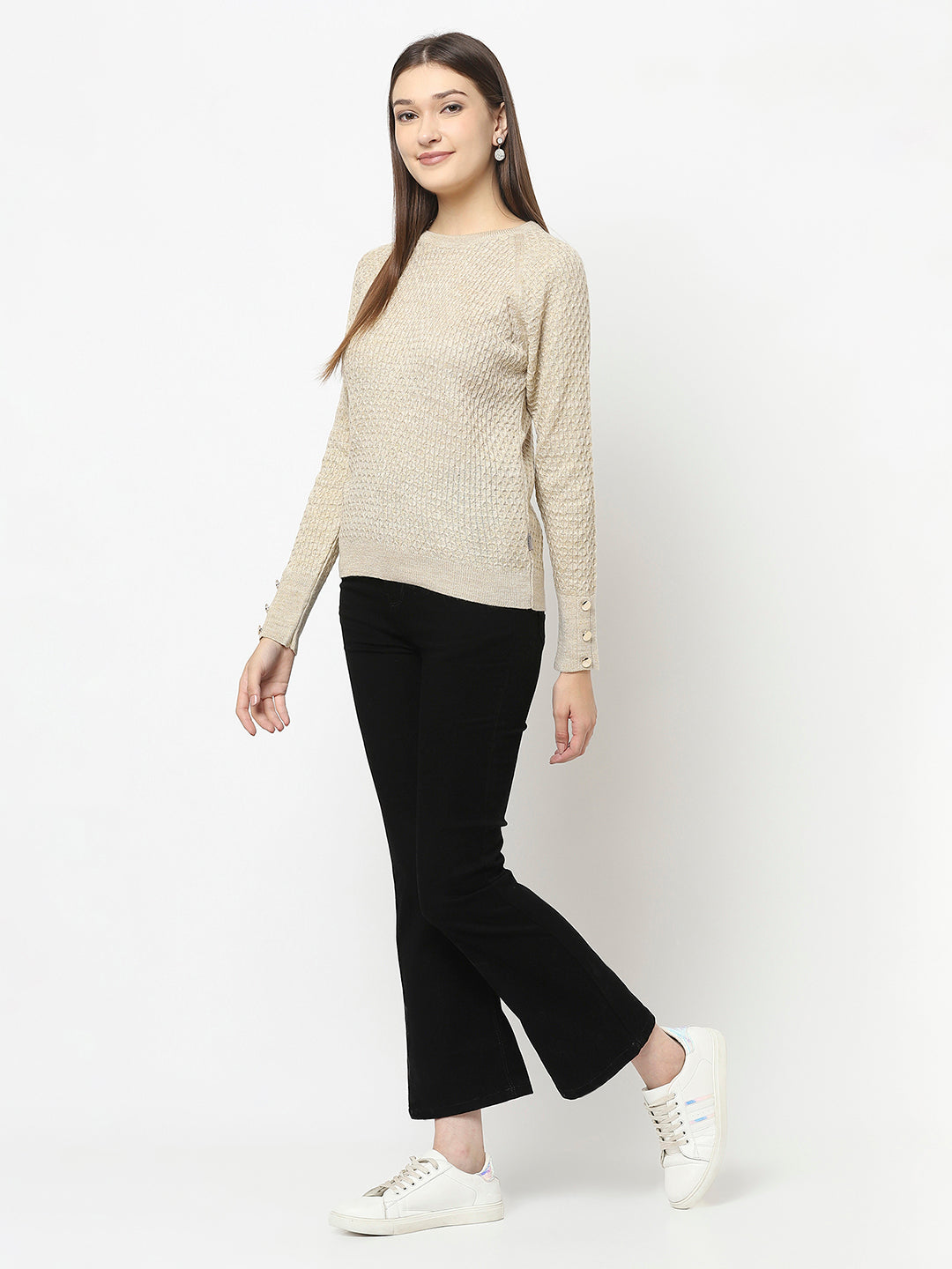 Beige Knitted Sweater with Button Detailing