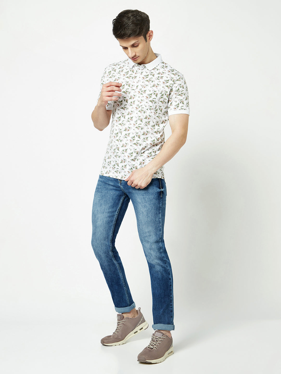  White Leaf-Print Polo T-Shirt