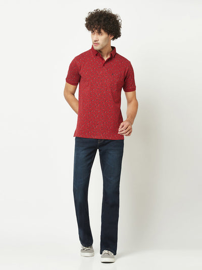  Maroon Floral Print Polo T-Shirt