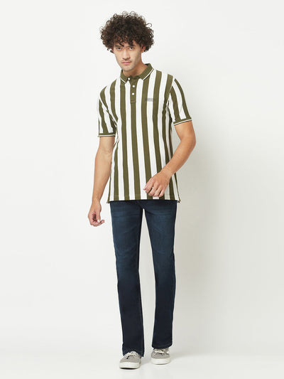  Olive Green Striped Polo T-Shirt