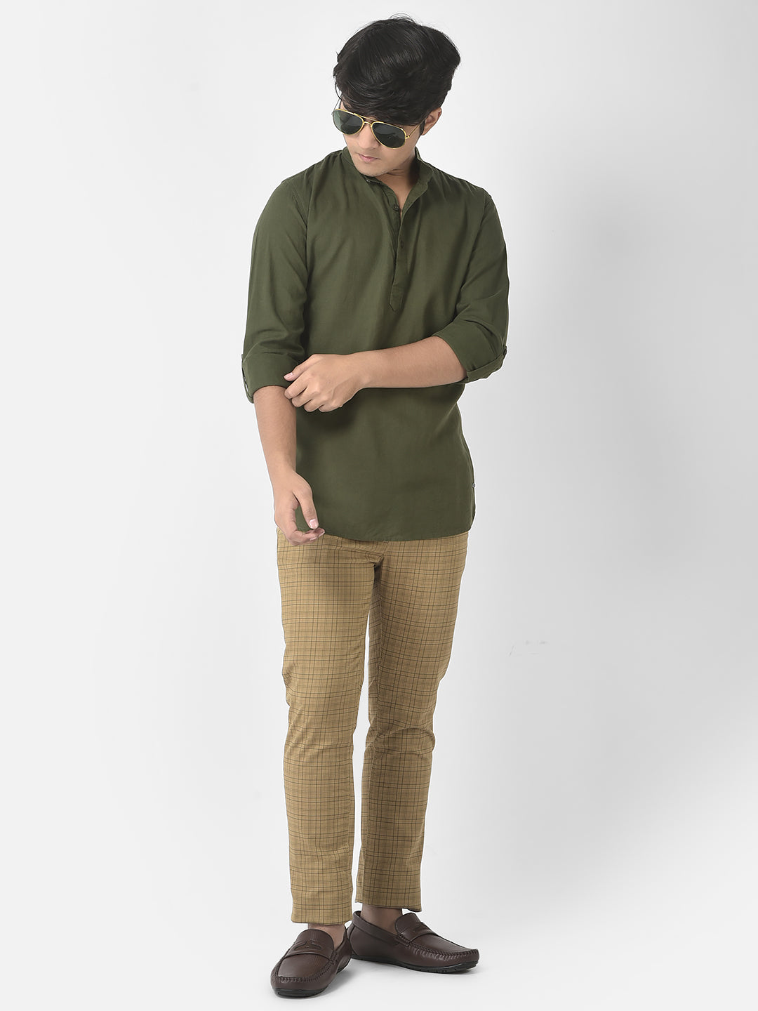 Olive Green Shirt-Style Kurta-Boys Kurta-Crimsoune Club