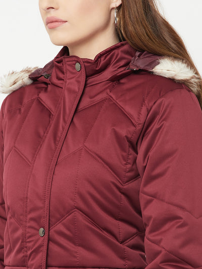 Maroon Detachable Hood Jacket - Women Jackets