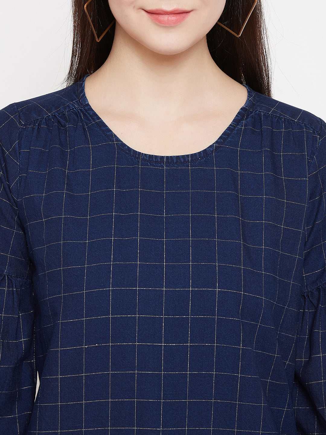 Navy Blue Checked Round Neck Tops - Women Tops