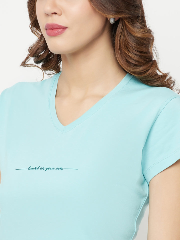 Mint Green Printed V-Neck T-Shirt - Women T-Shirts