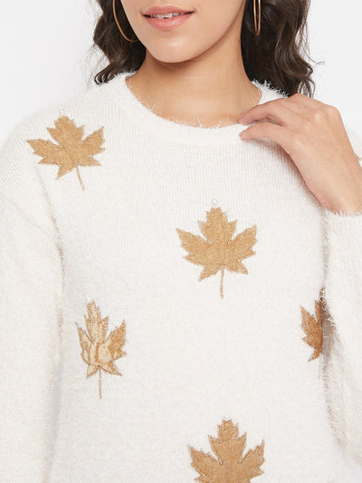 Cream Printed Round Neck Sweater - Women Sweaters