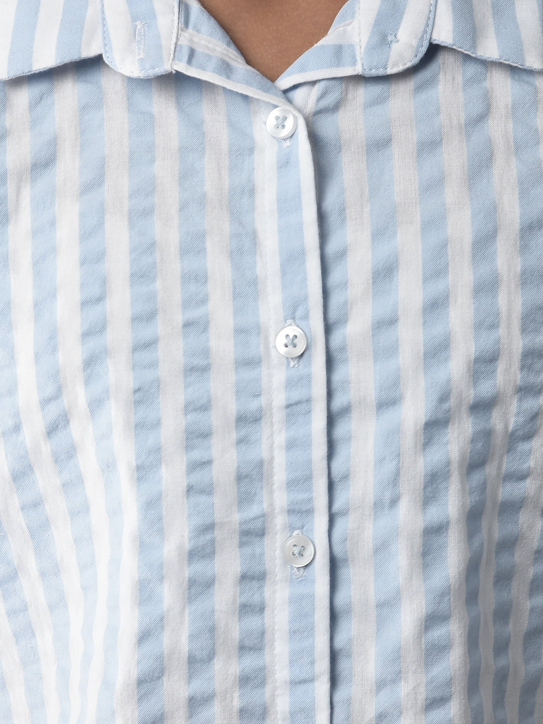  Sky Blue Striped Cropped Shirt