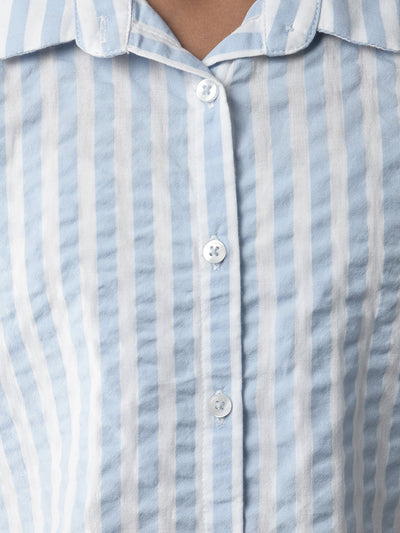  Sky Blue Striped Cropped Shirt