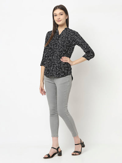 Black Abstract Print Top in Lyocell