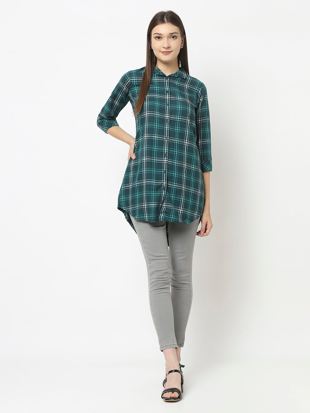 Longline Teal Green Shirt in Checks