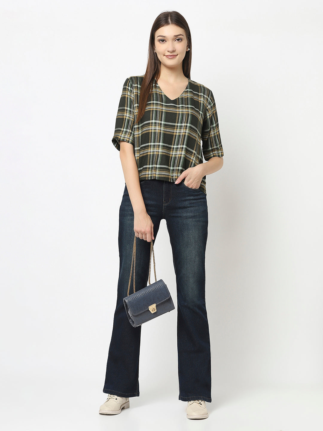 Dark Green Cropped Top in Checks