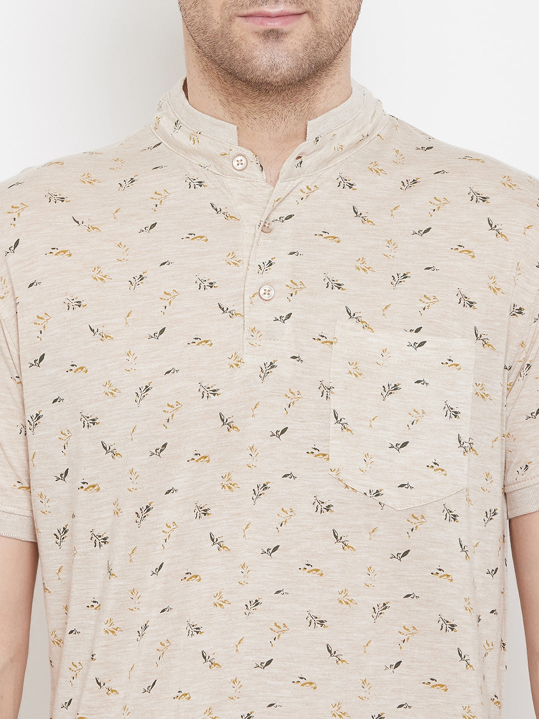 Beige Printed Mandarin Neck T-Shirt - Men T-Shirts