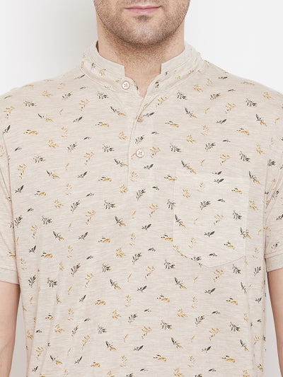 Beige Printed Mandarin Neck T-Shirt - Men T-Shirts