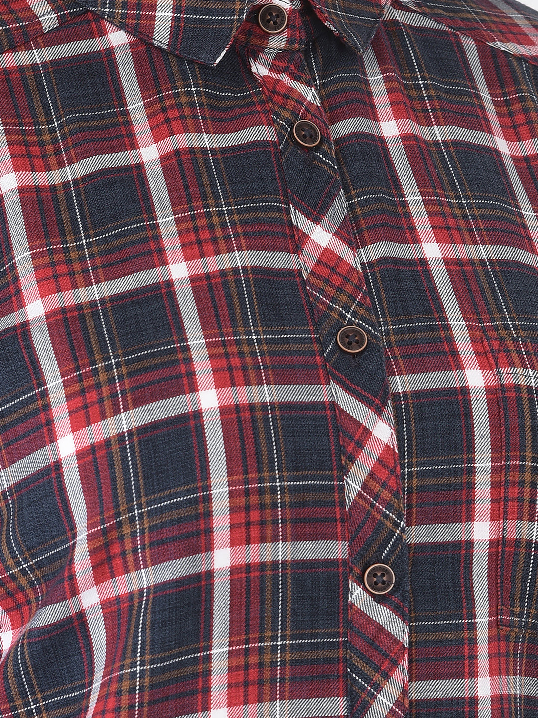 Long Navy Blue Checked Shirt - Women Shirts