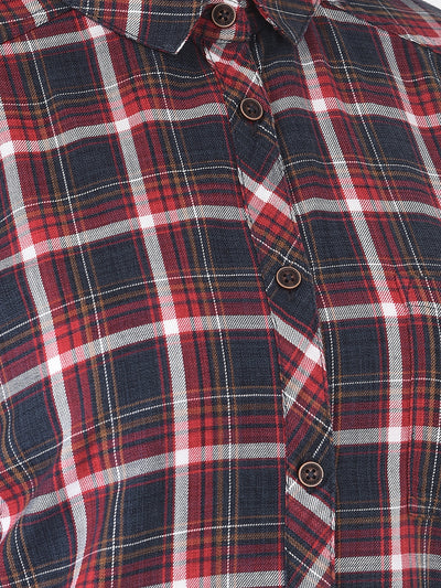 Long Navy Blue Checked Shirt - Women Shirts