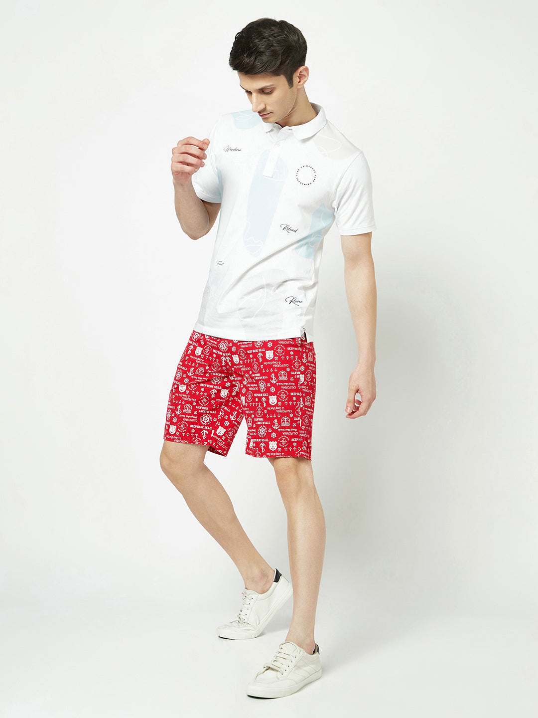  Red Graphic Print Lounge Shorts 