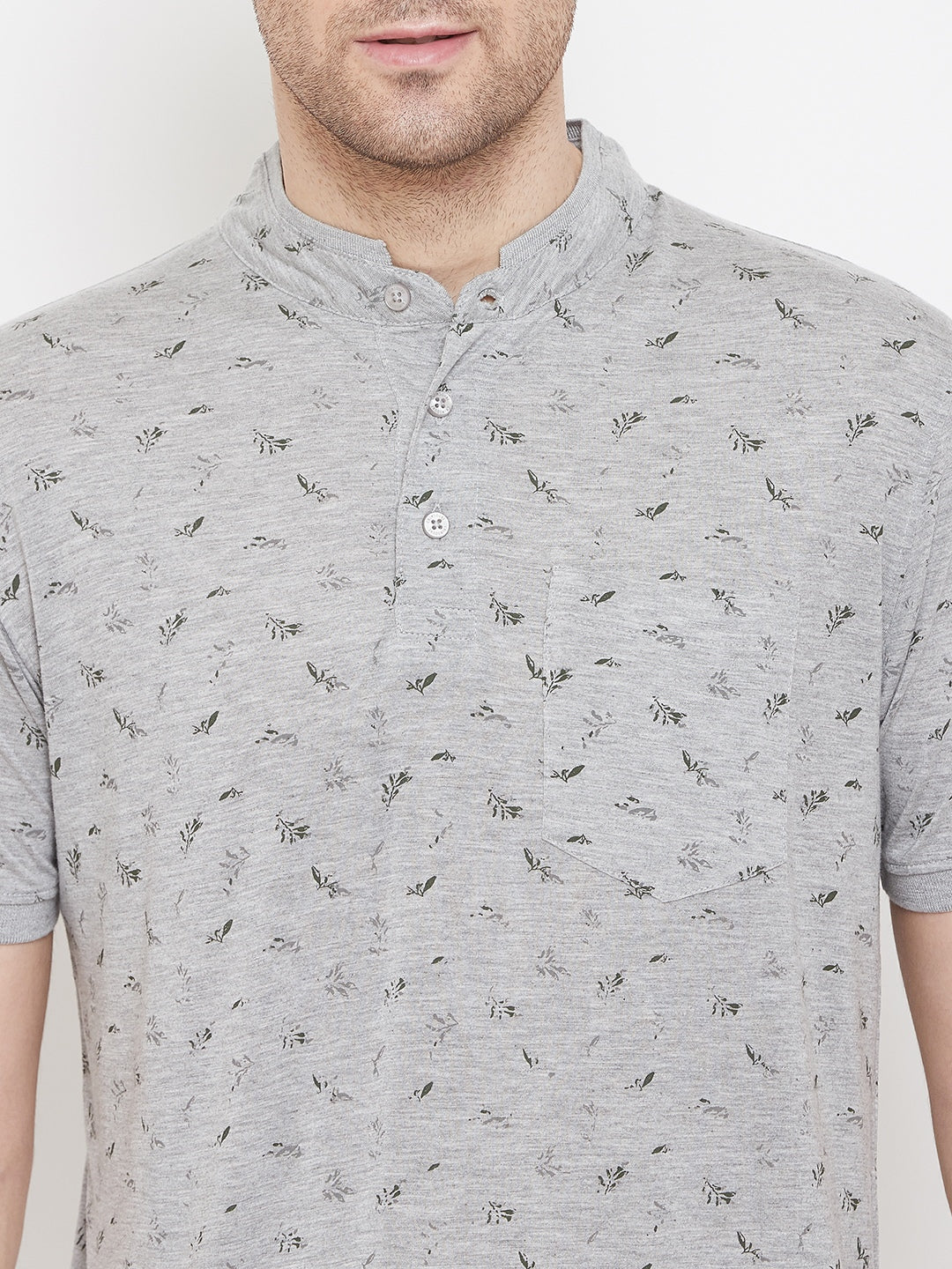 Grey Printed Mandarin Neck T-Shirt - Men T-Shirts