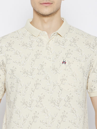 Cream Printed Polo Neck T-shirt - Men T-Shirts