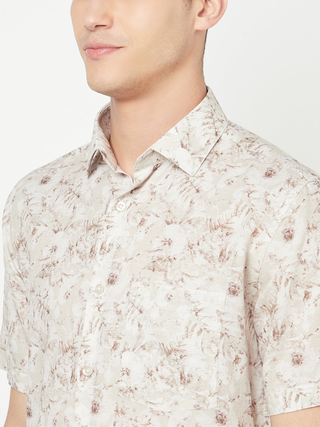 Beige Floral Printed Linen Shirt - Men Shirts