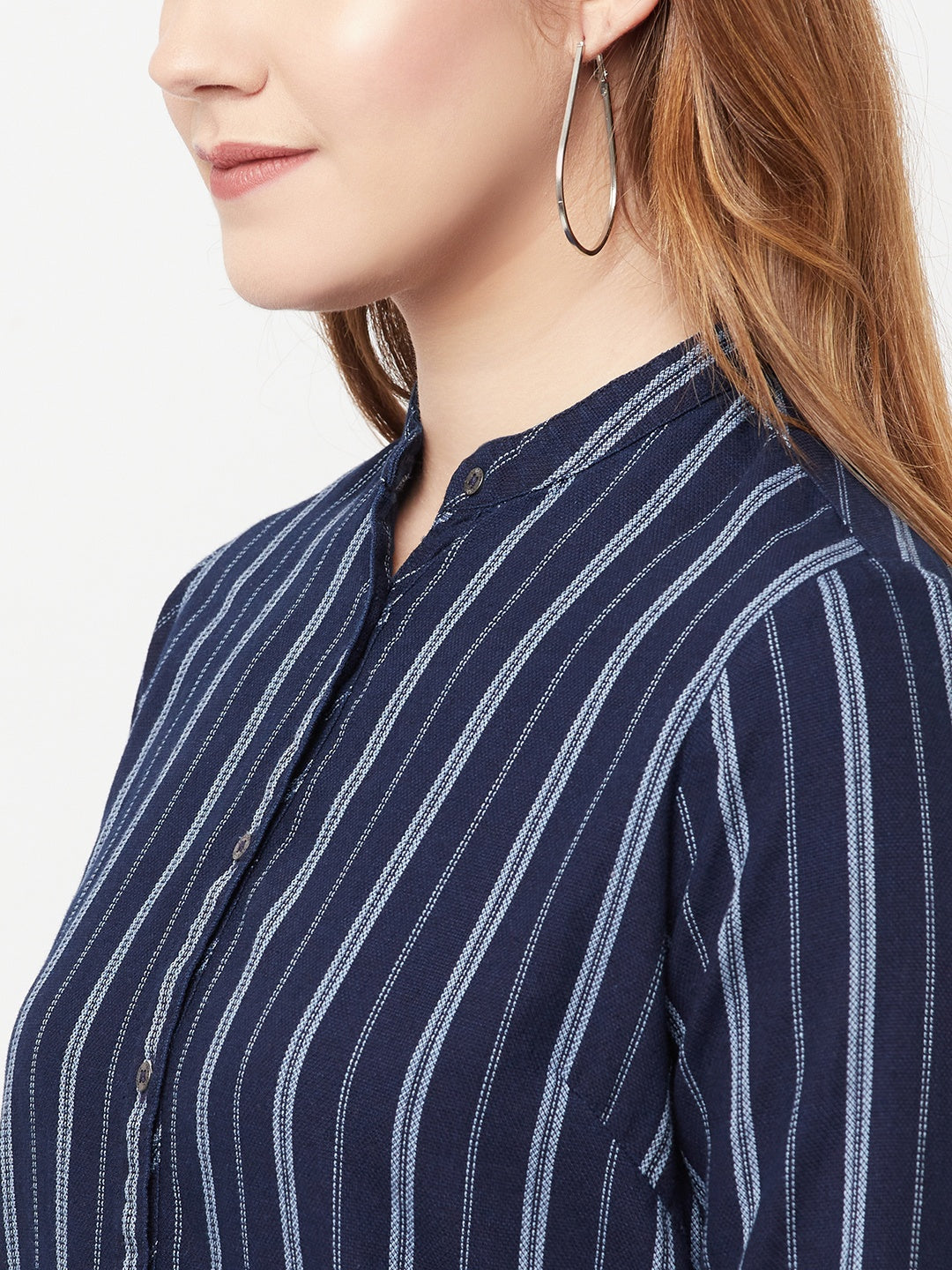 Navy Blue Striped Longline Shirt - Women Shirts