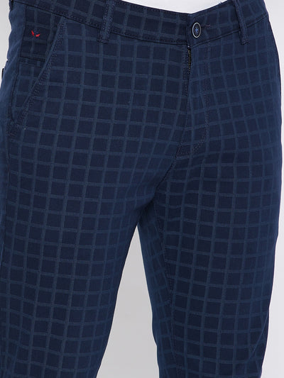 Blue Checked Slim Fit Trousers - Men Trousers