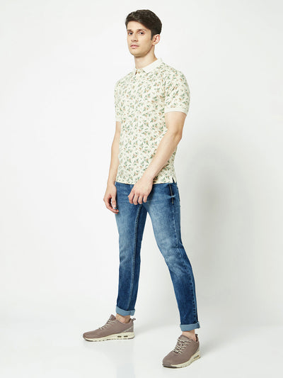  Oatmeal Melange Leaf-Print Polo T-Shirt