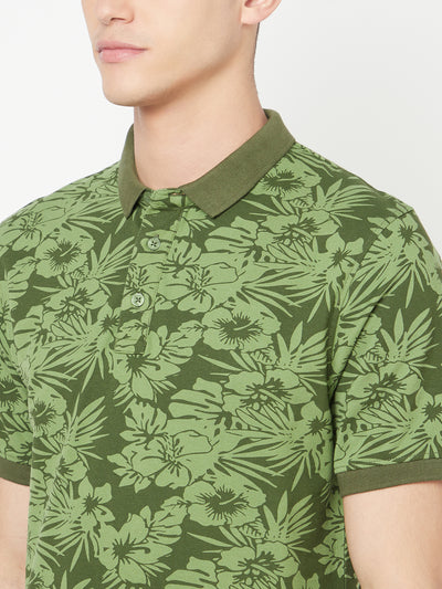 Olive Floral Printed Polo T-Shirt - Men T-Shirts