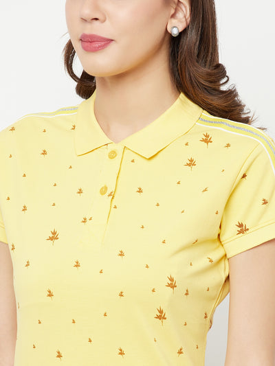 Yellow Floral Printed Polo Collar T-Shirt - Women T-Shirts