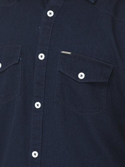  Navy Blue Slim Denim Shirt