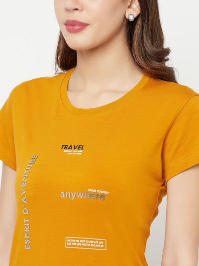 Mustard Printed Round Neck T-Shirt - Women T-Shirts