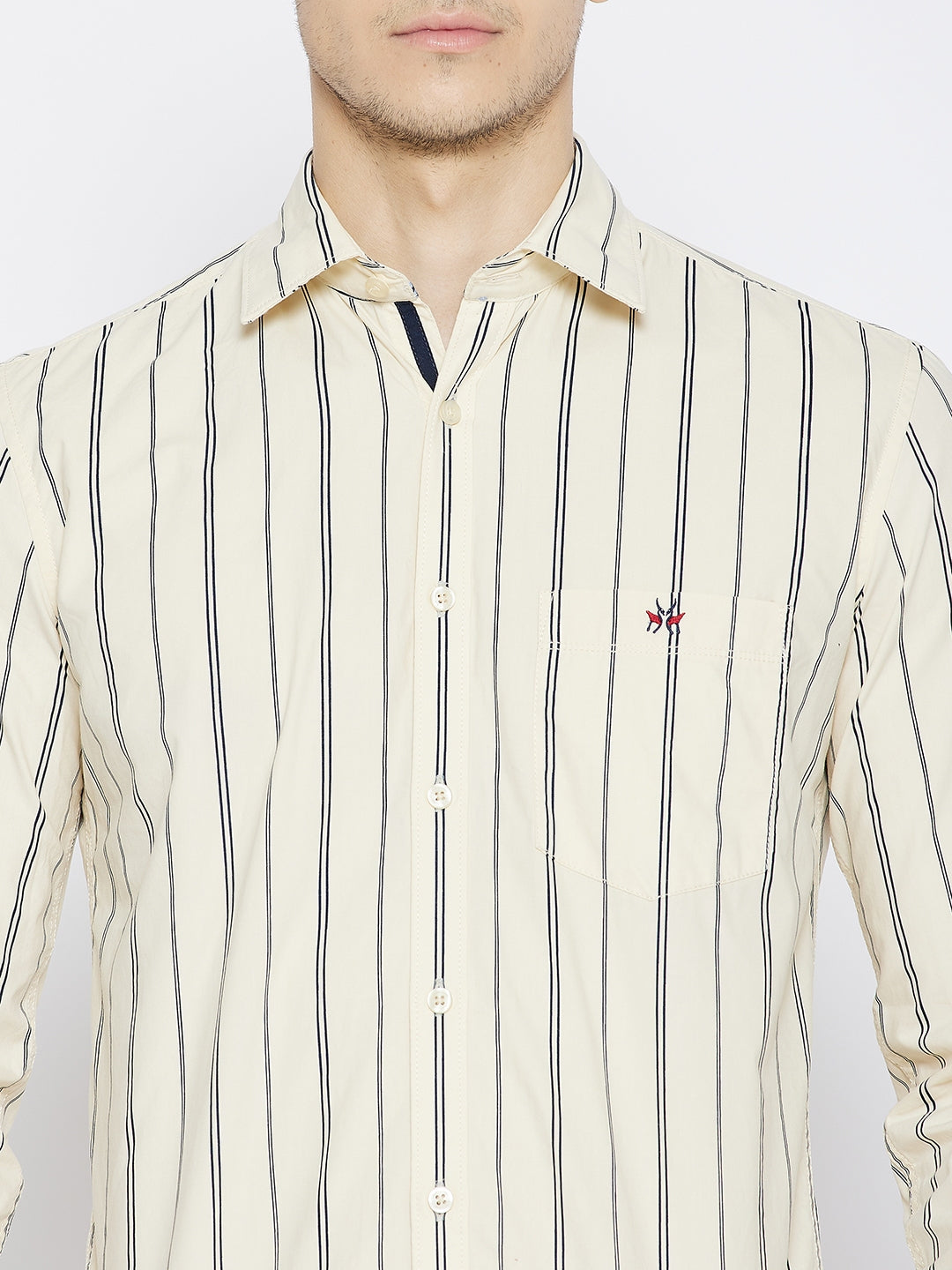 Cream Striped Slim Fit Shirt - Men Shirts