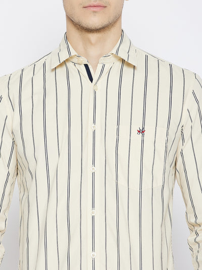 Cream Striped Slim Fit Shirt - Men Shirts