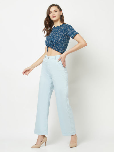  Blue Cropped One-Line Art Top