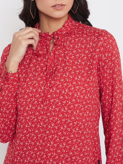 Red Printed Full Sleeves Top - Women Tops