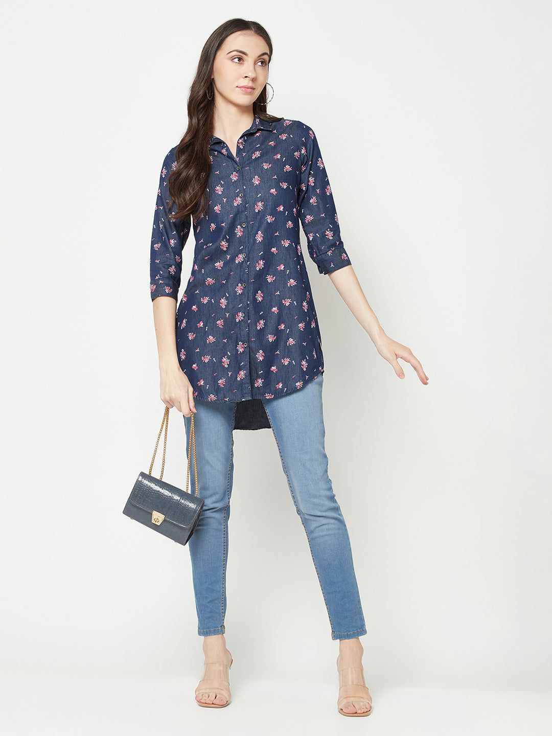  Navy Blue Denim Floral Shirt