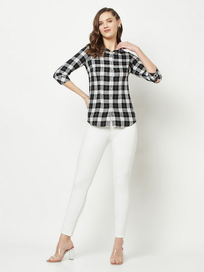 Quarter Sleeve Black Flannel Shirt-Women Shirts-Crimsoune Club