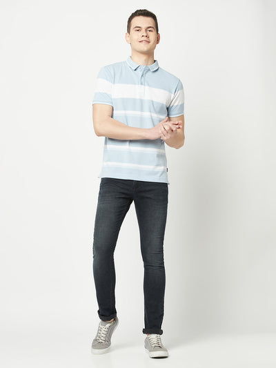  Blue-White Striped Polo T-Shirt