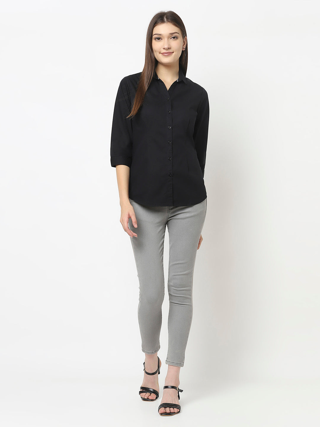 Black Button-Down Shirt in Cotton Blend 
