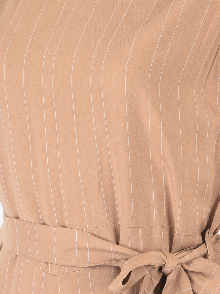 Khaki Striped Jumpsuit-Women Dungarees-Crimsoune Club