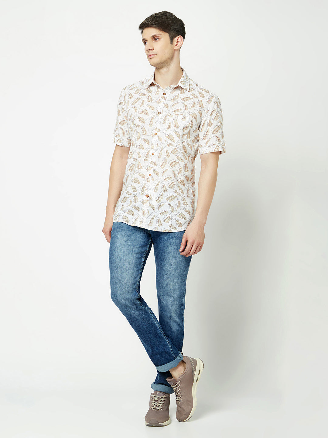  Beige One-Line Floral Print Shirt 