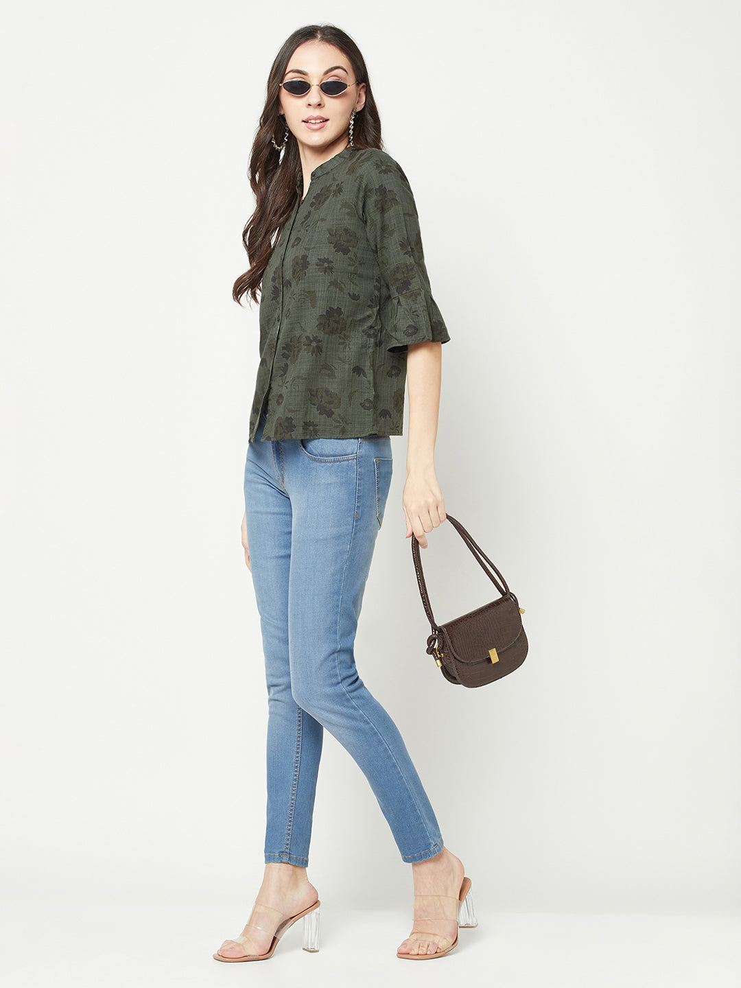  Olive Floral Mandarin Neck Shirt