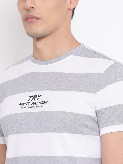 Grey Striped Round Neck T-Shirt - Men T-Shirts