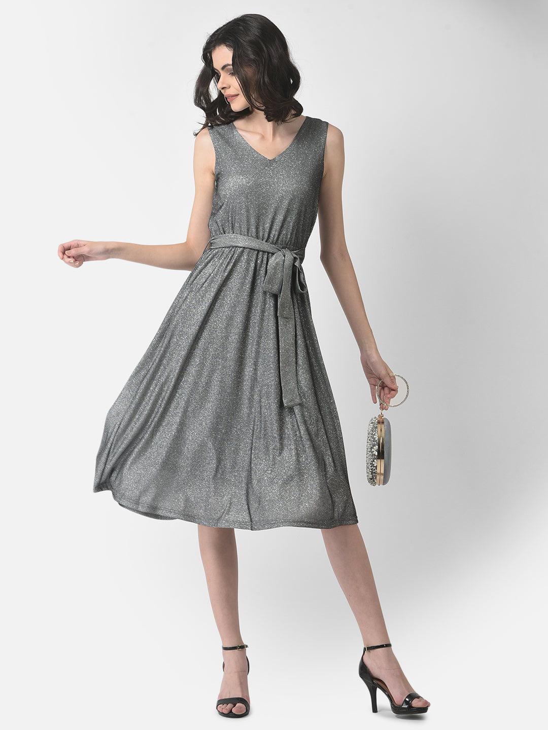 Grey Belted Shimmer Dress-Women Dresses-Crimsoune Club