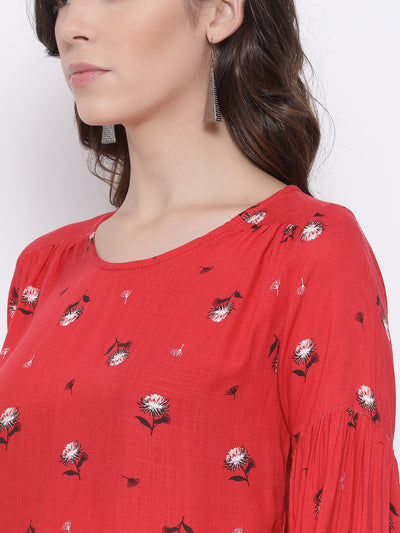 Red Printed Round Neck Tops - Women Tops