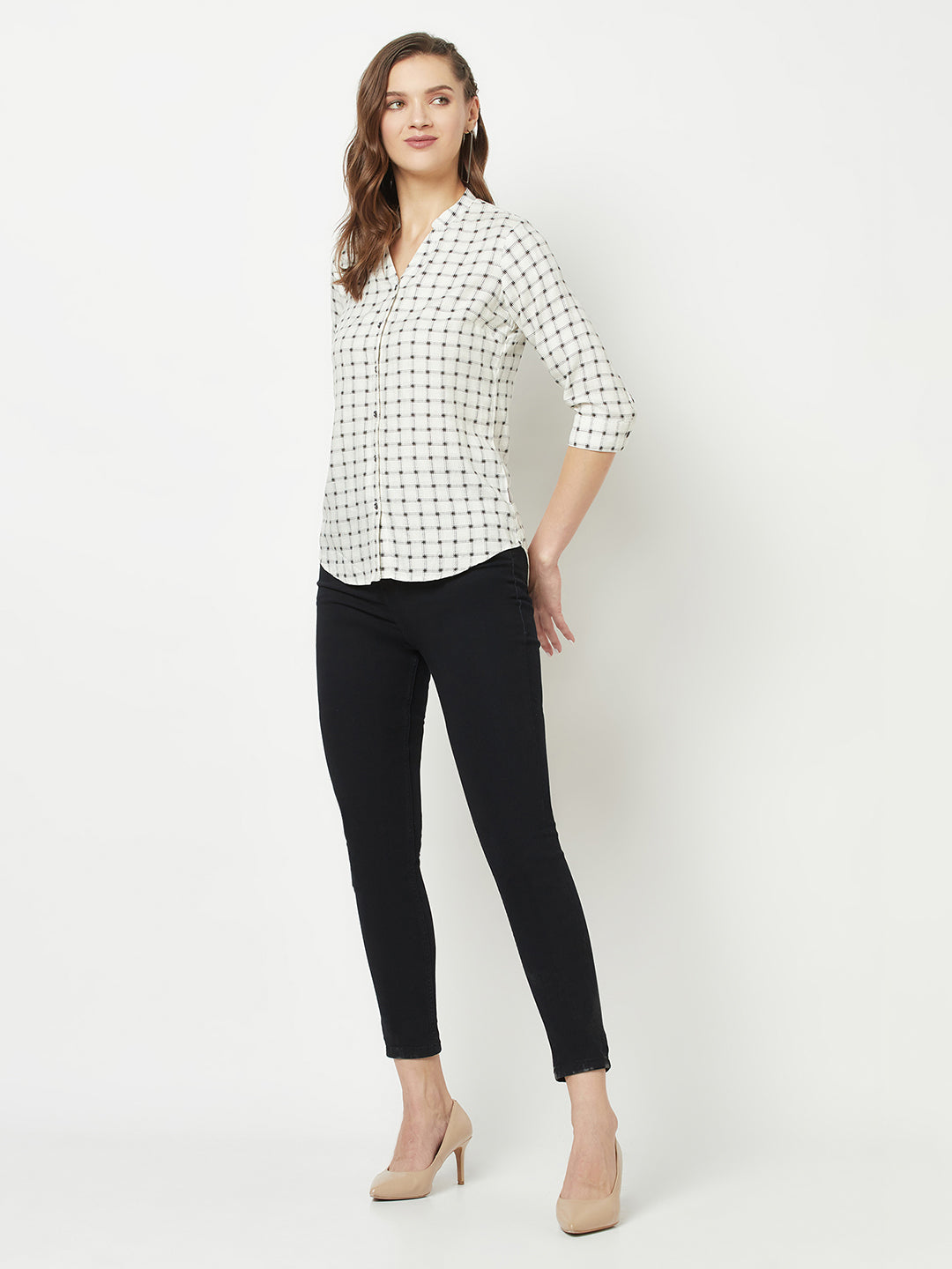  White Checkered Henley-Neck Shirt