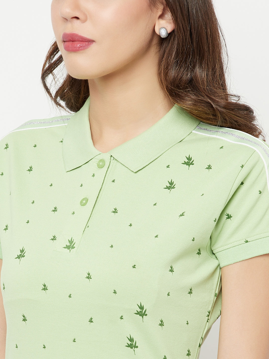 Green Floral Printed Polo Collar T-Shirt - Women T-Shirts