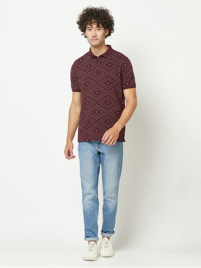  Wine Geometric Print Polo T-Shirt