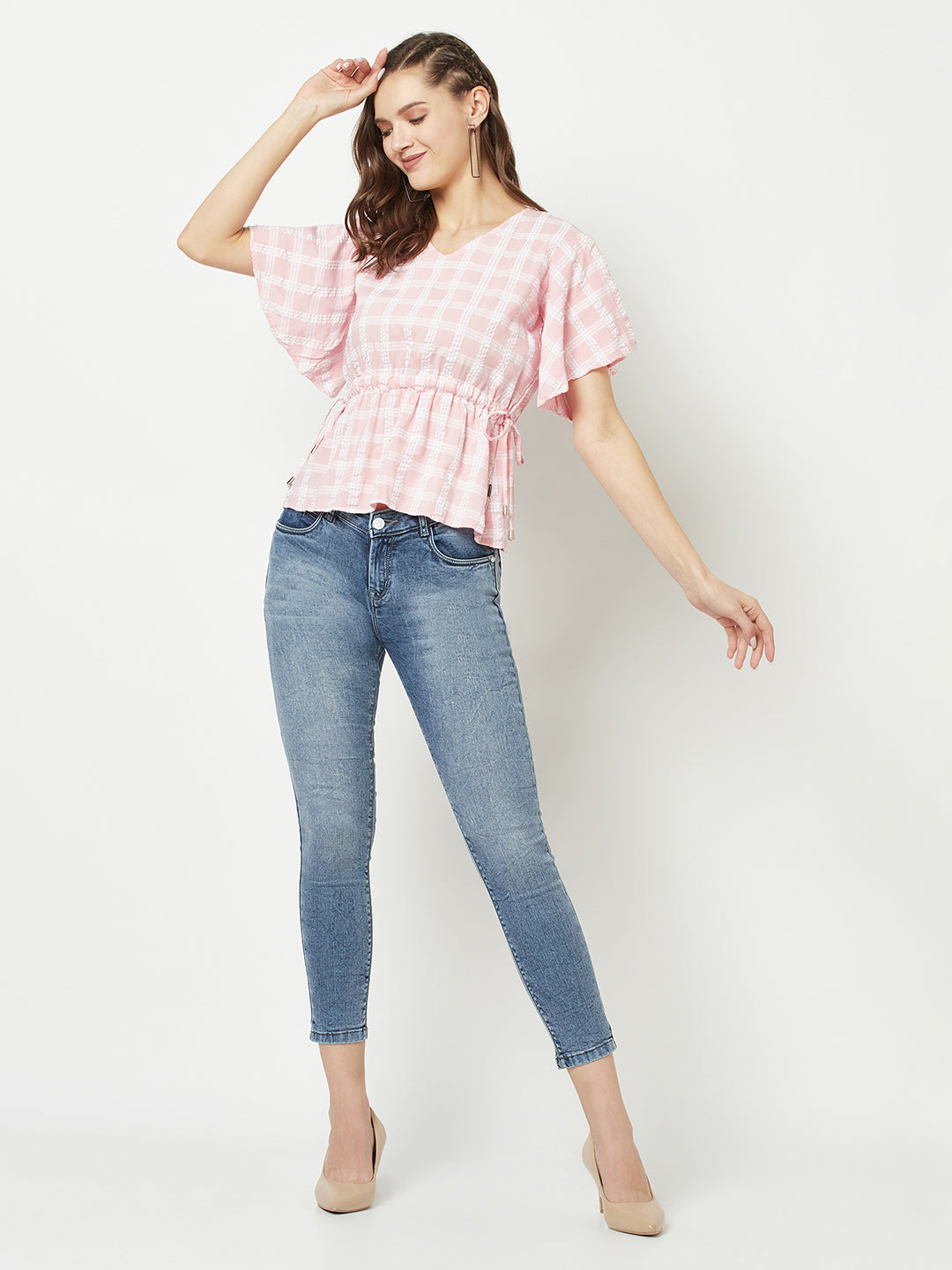 Light Pink Checked Empire Top-Women Tops-Crimsoune Club