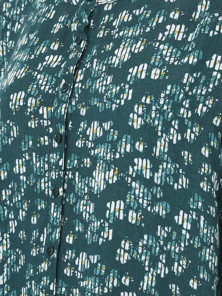 Deep Teal Floral Button-Down Top-Women Tops-Crimsoune Club
